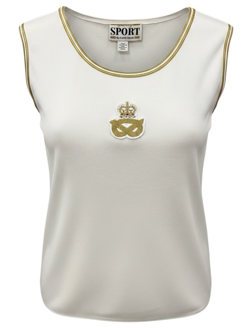Sunny South White Tank Top with Gold Trim and Embroidered Crest Exc. Cond,